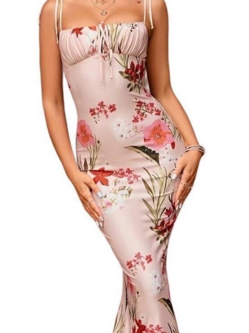 Pink Floral Bodycon Maxi dress Tie shoulder strappy  Lg Sundress